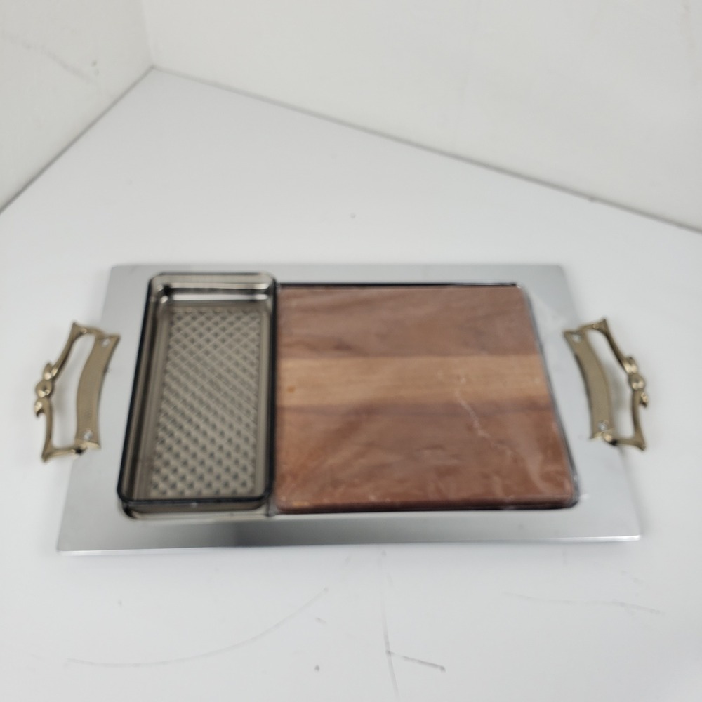 Vintage Kromex Chrome Serving Tray Charcuterie Wood Board Smoked Dish Insert MCM